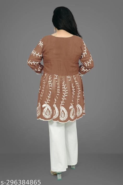 Georgette Chikankari Top for Women (Brown, XXL)