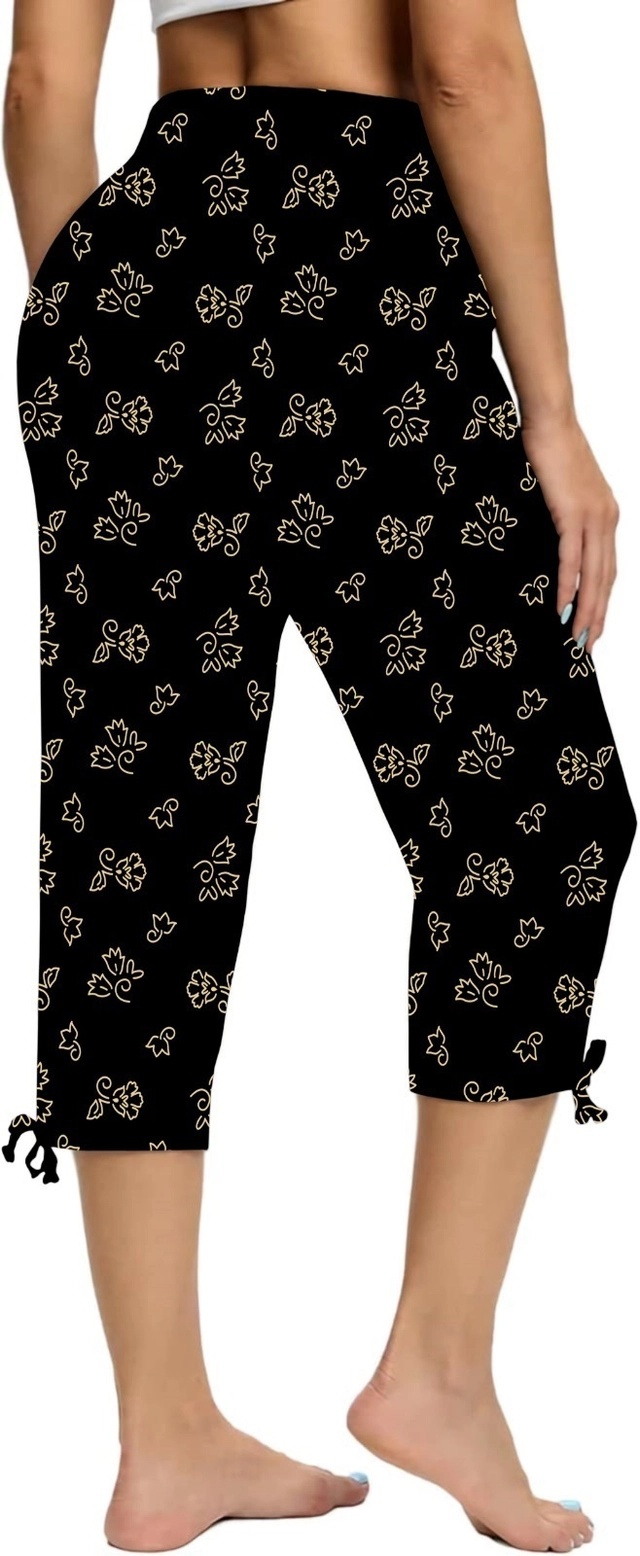 Cotton Printed Capris for Women (Black, L)