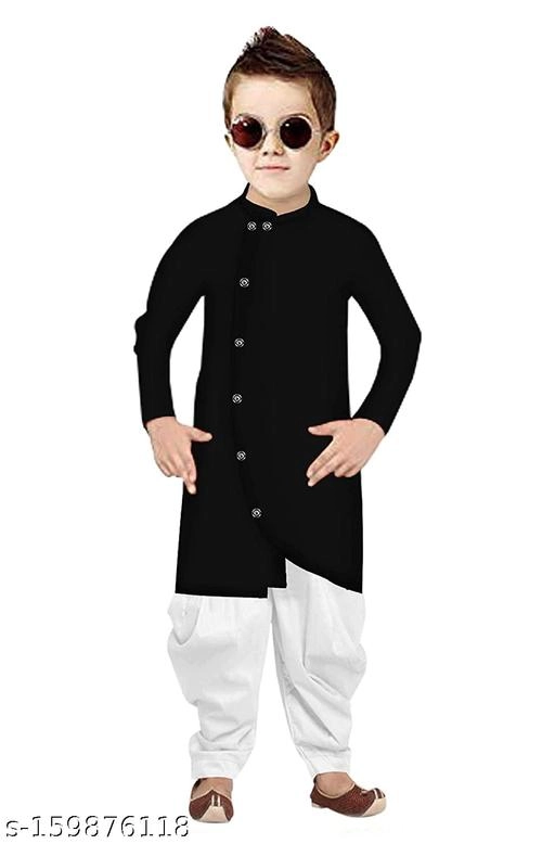 Cotton Solid Kurta with Pyjama for Boys (2-3 Years, Black & White)