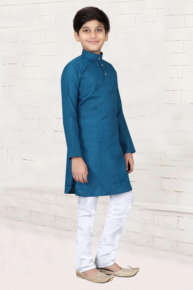 Cotton Full Sleeves Kurta with Pyjama for Boys (Blue & White, 3-5 Years)