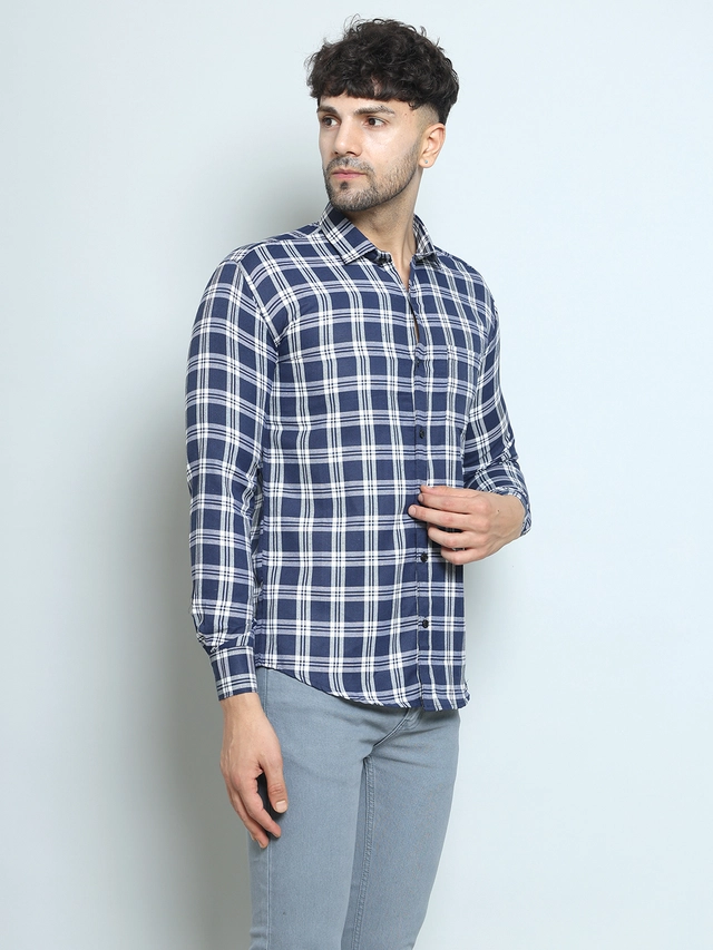 Full Sleeves Checked Shirt for Men (Blue, M)