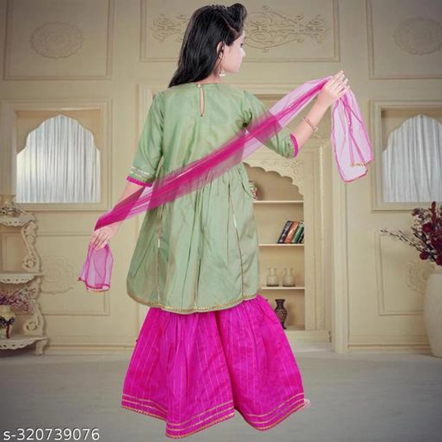 Dupion Silk Kurta Sets for Girls (Green & Pink, 2-3 Years)