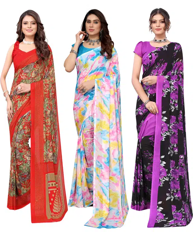 Women's Designer Floral Printed Saree with Blouse Piece (Pack of 3) (Multicolor) (SD-309)
