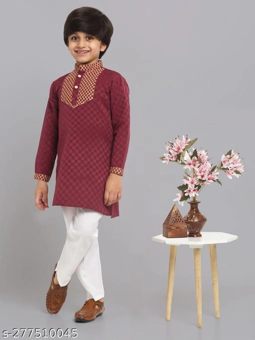 Cotton Blend Kurta with Pyjama for Boys (Maroon & White, 9-12 Months)