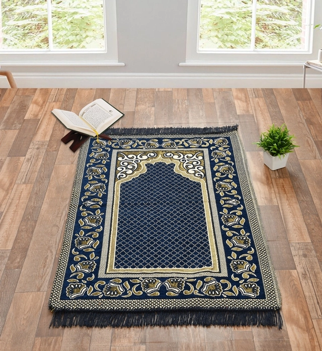 Velvet Chenille Super Soft Namaz Prayer Mat (Navy Blue, 70x110 cm)