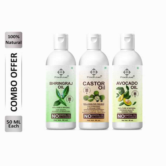 Puriflame Pure Bhringraj Oil (50 ml), Castor Oil (50 ml) & Avocado Oil (50 ml) Combo for Rapid Hair Growth (Pack Of 3) (B-9276)