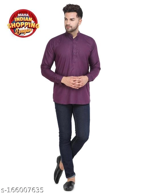 Cotton Blend Solid Short Kurta for Men (Purple, S)