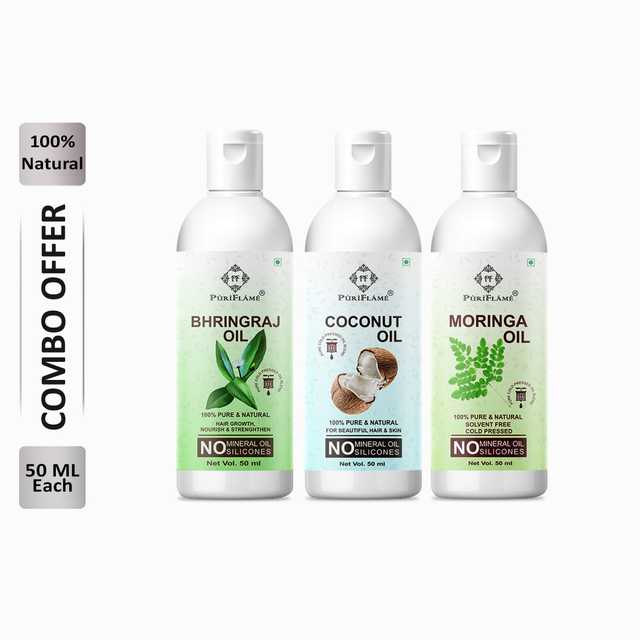 Puriflame Pure Bhringraj Oil (50 ml), Coconut Oil (50 ml) & Moringa Oil (50 ml) Combo for Rapid Hair Growth (Pack Of 3) (B-9300)
