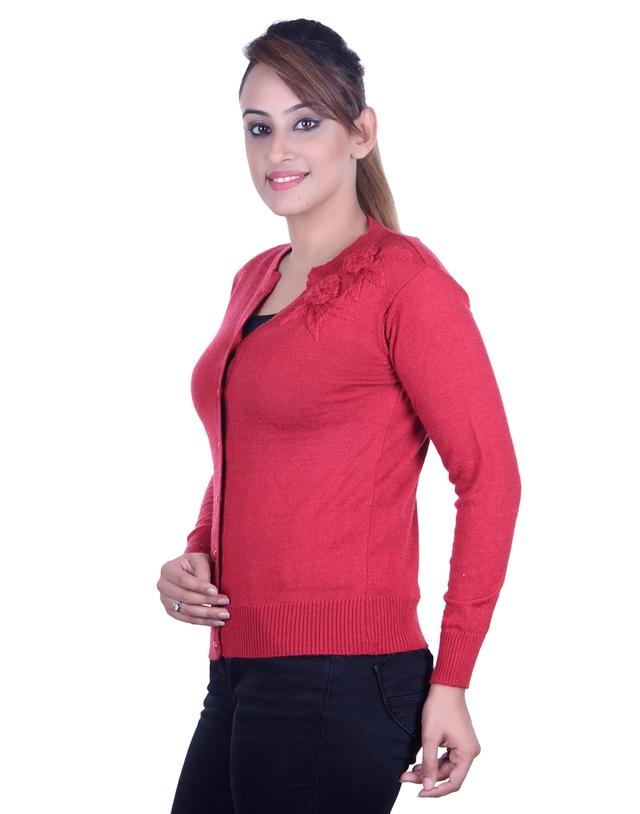 V Neck Solid Cardigans for Women (Coral, M)