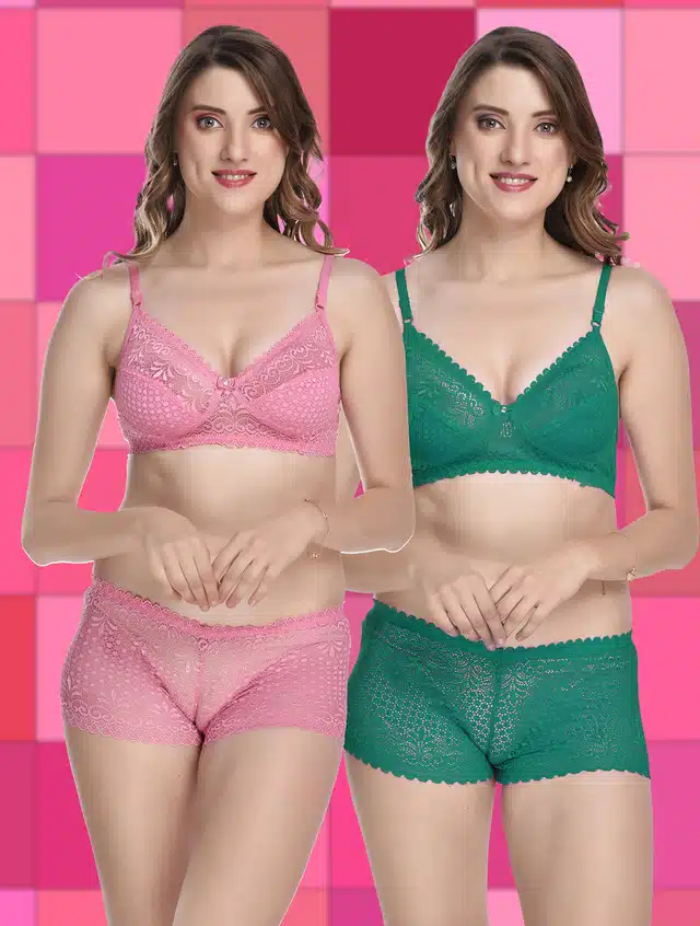 Lingerie Set for Women (Pack of 2) (Baby Pink & Green, 36) (A-1647)