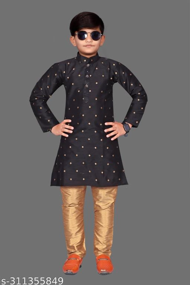 Art Silk Kurta Sets for Boys (3-4 Years, Black & Green)