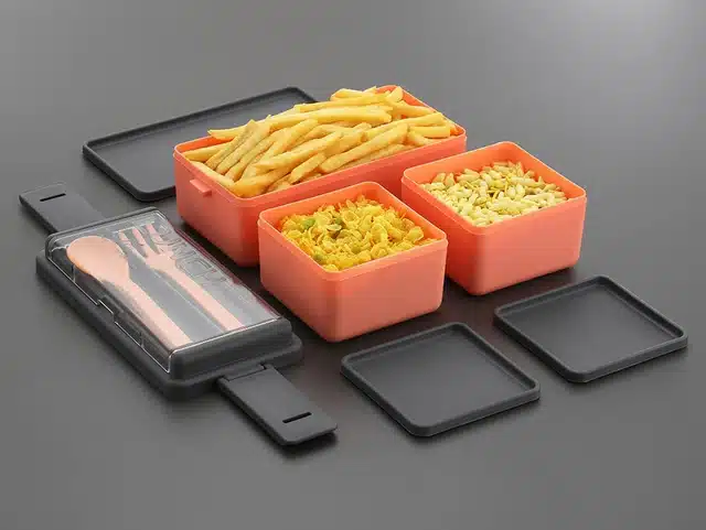 Plastic Lunch Box (Grey & Orange)