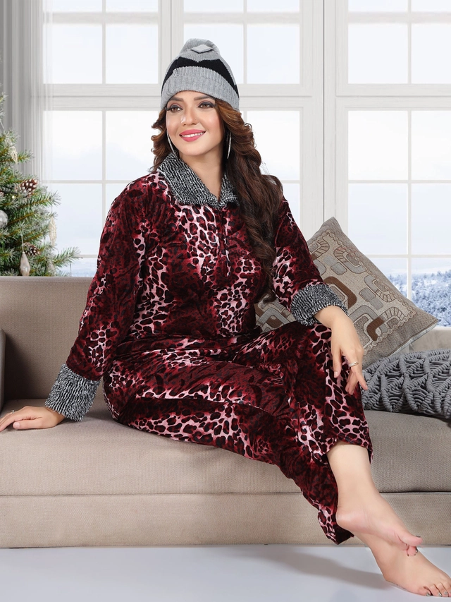 Velvet Printed Nightsuit for Women (Maroon, M)