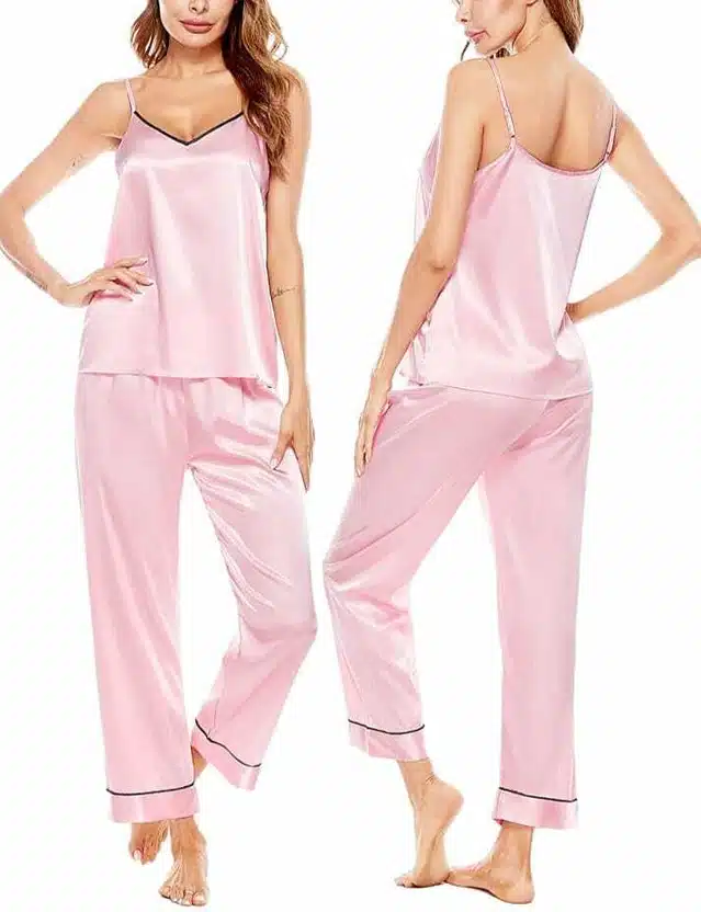 Satin Solid Night Suit for Women (Pink, M)