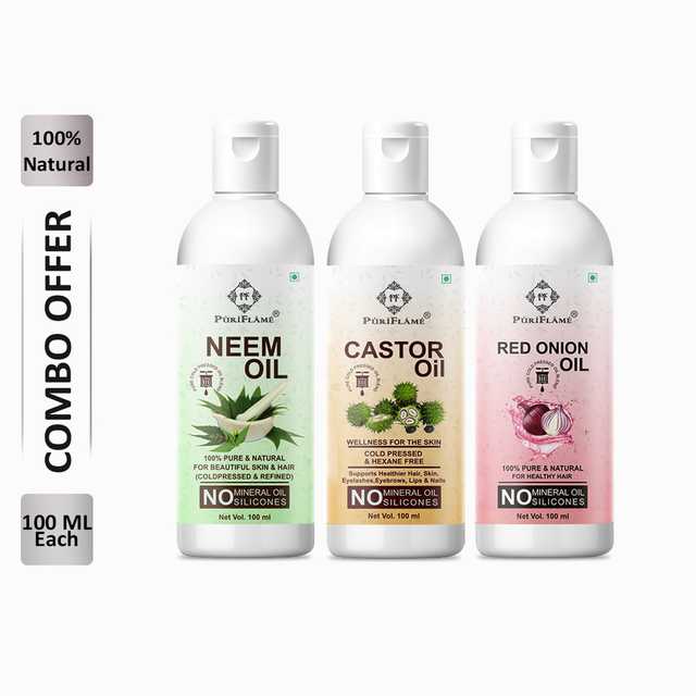 PuriFlame Pure Neem Oil (100 ml) & Castor Oil (100 ml) & Red Onion Oil (100 ml) Combo For Rapid Hair Growth (Pack Of 3) (B-5791)