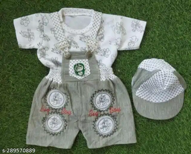 Dungaree Set with T-Shirt & Cap for Newborn Baby Boy (White & Grey, 0-3 Months)