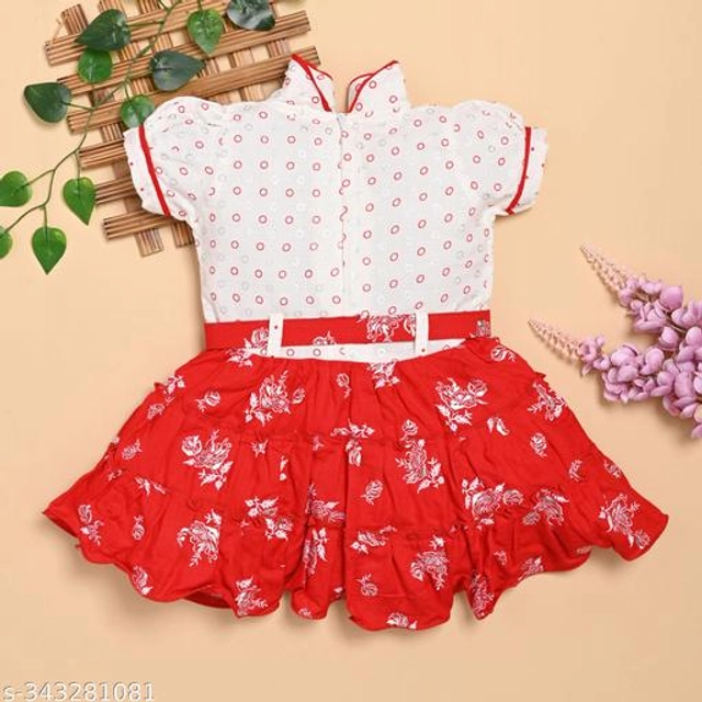 Cotton Printed Frock for Girls (Red & White, 0-3 Months)