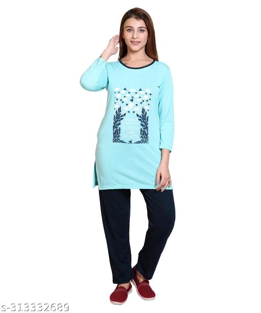 Woolen Nightsuit for Women (Aqua Blue, M)