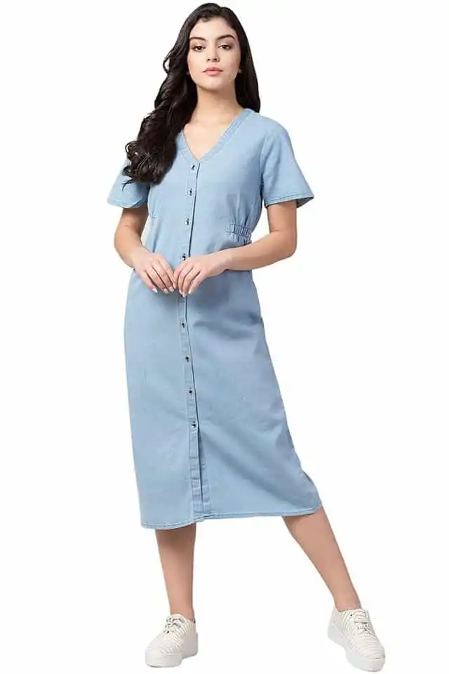 अनघकार्ट डेनिम सॉलिड knee लेंथ ड्रेस , ब्लू , Size- L