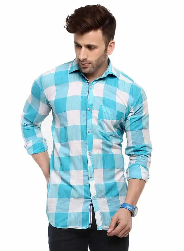 हैंगअप मेंस कैज़ुअल चैकेरड कॉटन स्लिम शर्ट (फुल स्लीव), Blue, साइज- 40 (LM_Shirt_SP_Casual_Check_8003_40)
