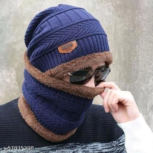 Woolen Cap with Neck Warmer for Men (Multicolor, Set of 1)