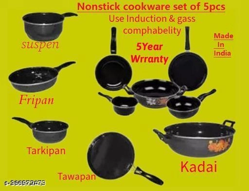 Combo of Sauce Pan, Tadka Pan, Fry Pan, Tawa & Kadai (Black, Set of 5)