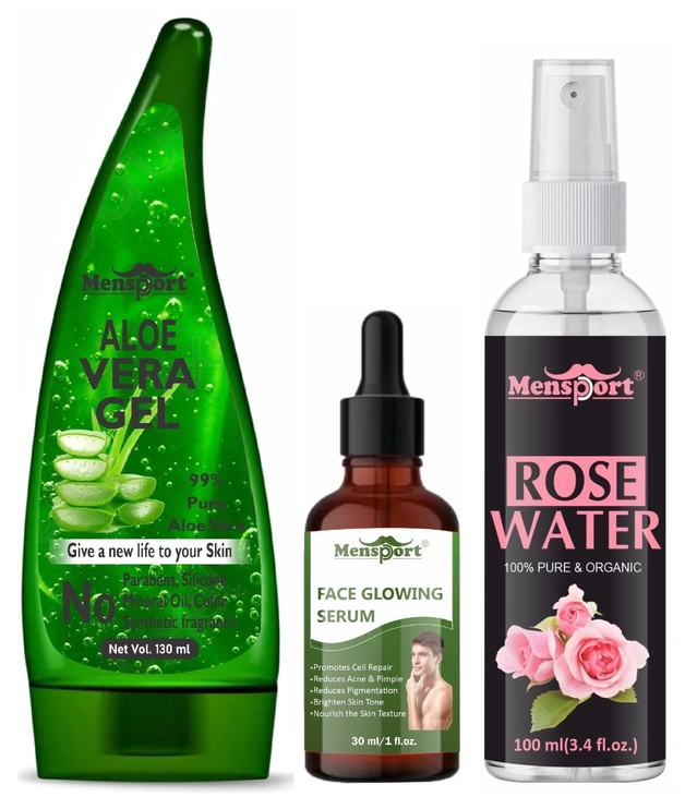 Mensport Aloevera Face Gel (130 ml), Face Glowing Serum (30 ml) & Natural Rose Water (100 ml) (Set of 3)