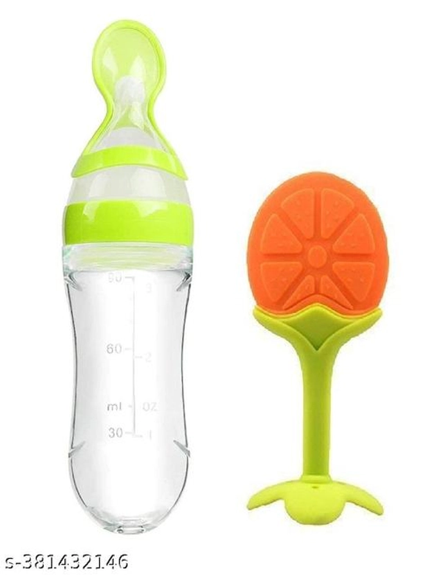 Feeding Bottle (90 ml) with Teether for Baby (Multicolor, Set of 2)