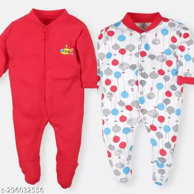 Cotton Rompers for Kids (Red & White, 0-3 Months)