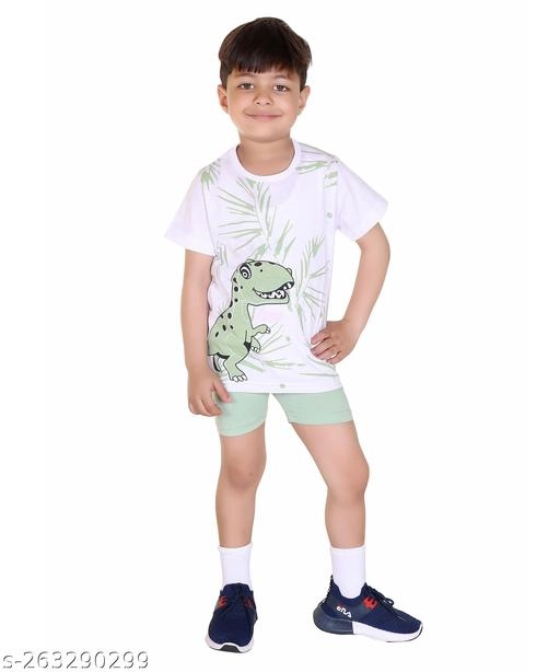 Cotton Printed Clothing Set for Boys (White & Sea Green, 6-9 Months)