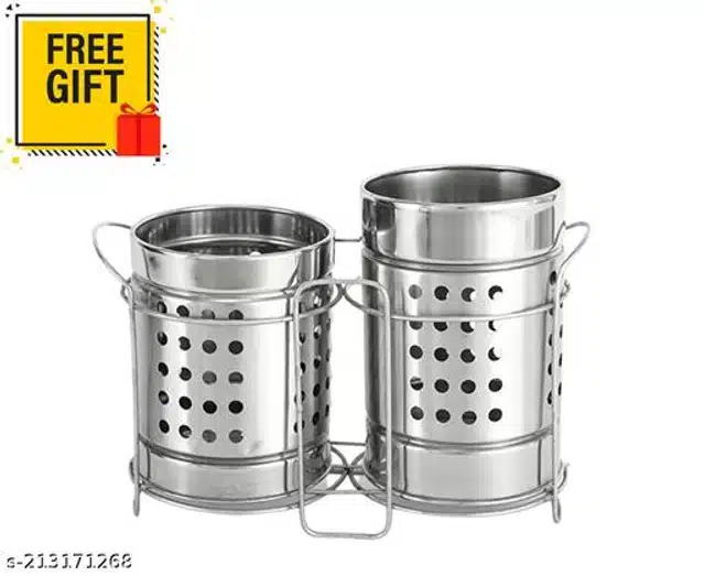 Stainless Steel Twin Cutlery Rack with Oil Container Pot & Oil Brush (Blue & Silver, Set of 3)