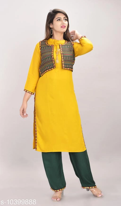 Rayon Slub Solid Kurti with Palazzo for Women (Yellow, M)