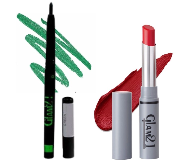 Glam21 Matte Non Transfer Lipstick with Sharpener & Glam21 Waterproof Kajal (Red & Green, Set of 2)