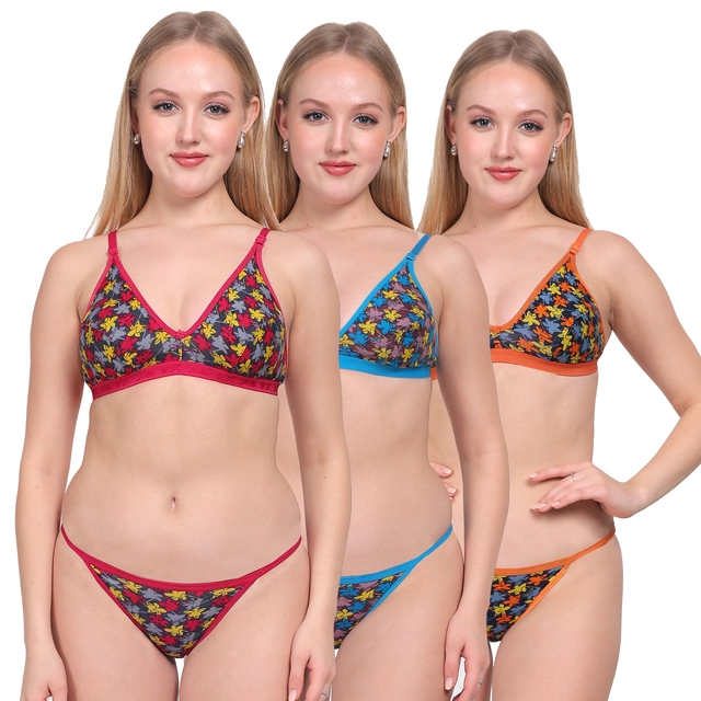 Cotton Printed Non Padded Lingerie Set for Women (Multicolor, 28B) (Pack of 3)