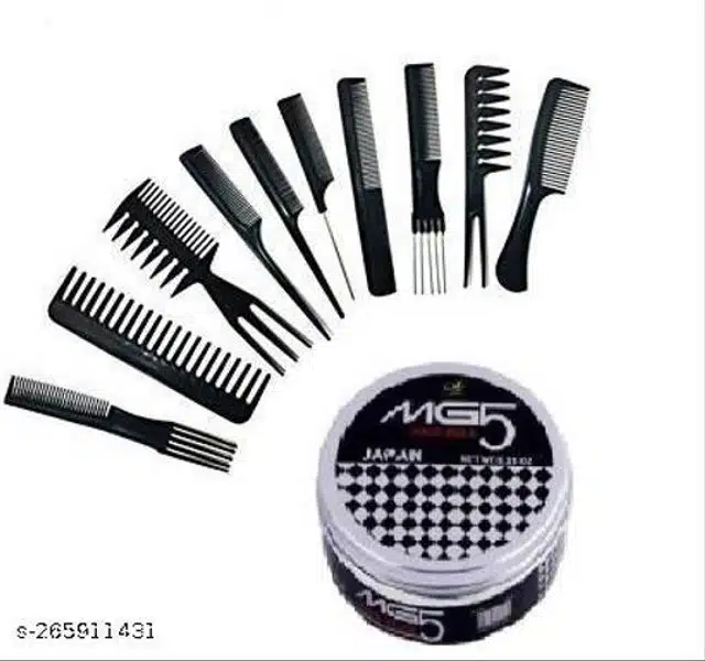 10 Pcs Salon Hair Comb Set with Mg5 Hair Wax (Black, Set of 11)
