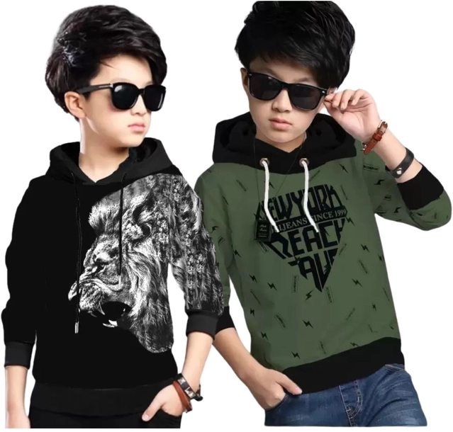 Cotton Blend Printed Hoodies for Boys (Black & Olive, 2-3 Years) (Pack of 2)