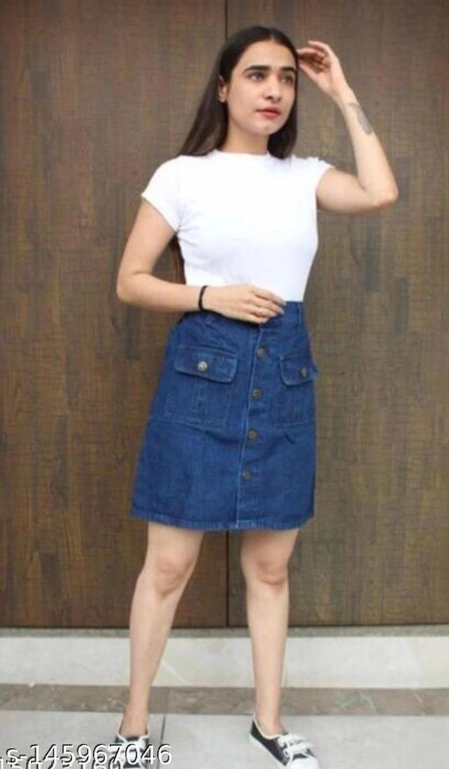 Denim Solid Skirt for Girls (Blue, 13-14 Years)