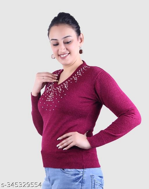 Acrylic Embellished Sweater for Women (Wine, M)