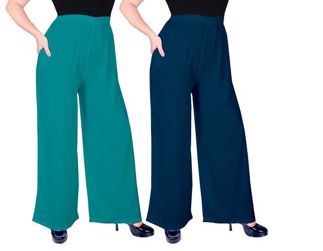 Mevaba Casual Viscose Blend Women Solid Palazzo (Pack Of 2, Rama Green & Morpeach Blue) (SS-294)