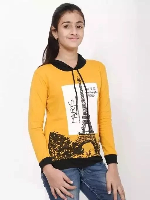 Cotton Blend Printed Hoodie for Girls (Mustard, 2-3 Years)