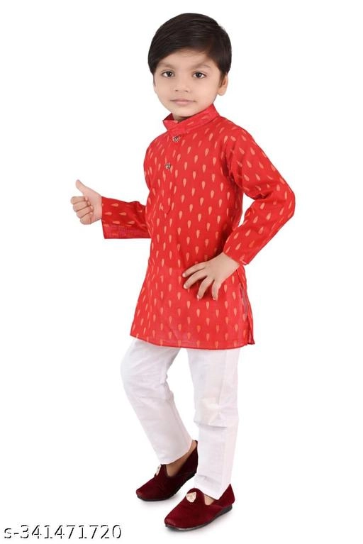 Cotton Blend Printed Kurta with Pyjama for Boys (Red & White, 0-3 Months)