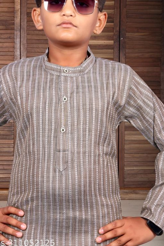 Art Silk Kurta Sets for Boys (3-4 Years, Grey & White)