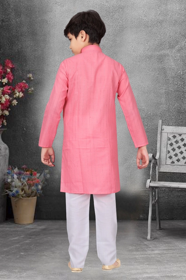 Cotton Full Sleeves Kurta with Pyjama for Boys (Pink & White, 3-5 Years)