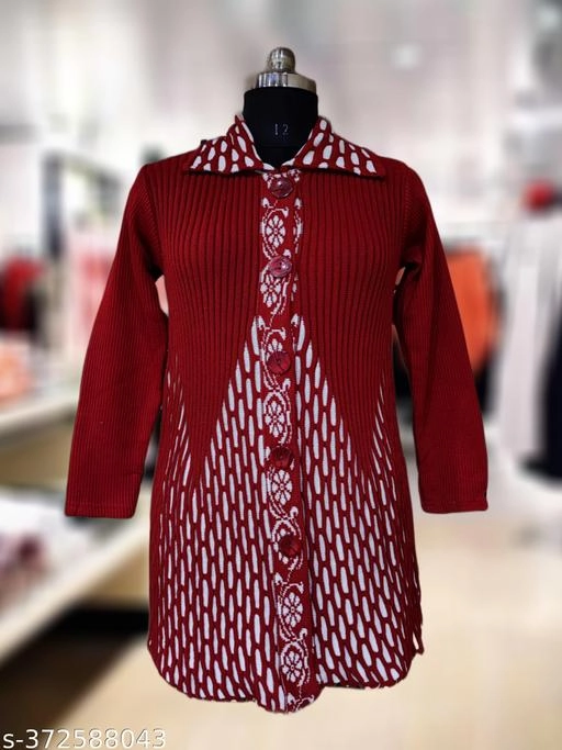 Woolen Printed Sweater for Women (Red, Free Size)