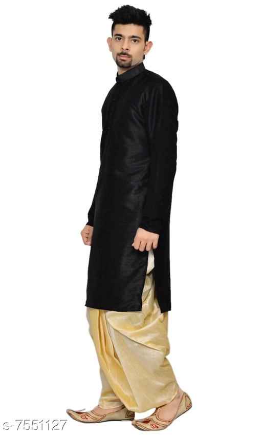 Dupion Silk Solid Kurta with Dhoti for Men (Black & Beige, S)