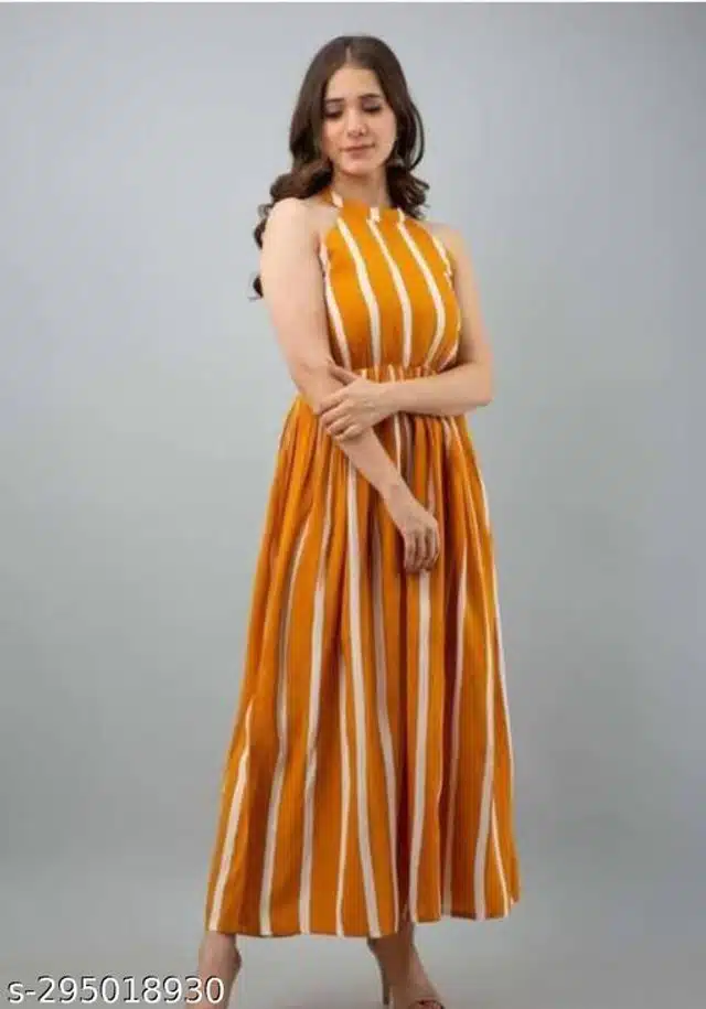 Viscose Rayon Striped Gown for Women (Mustard, S)