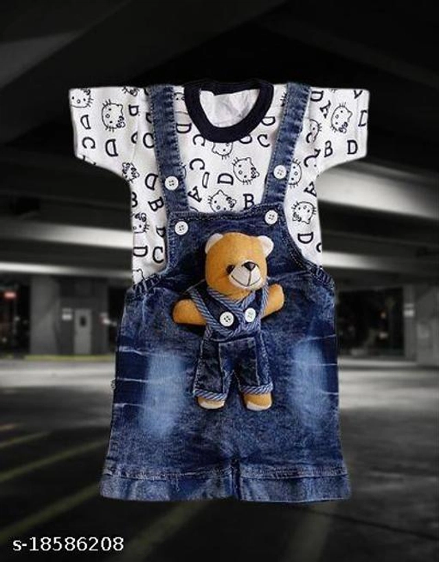 Denim Dungarees for Kids (Blue & White, 0-6 Months)