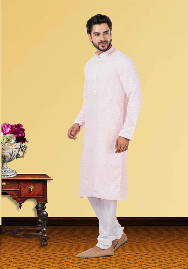 Cotton Blend Embroidered Kurta for Men (Pink, S)