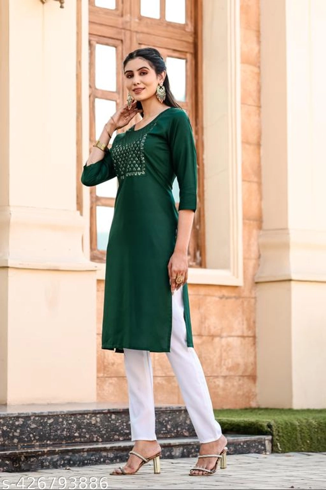 Cotton Embroidered Kurti for Women (Bottle Green, S)