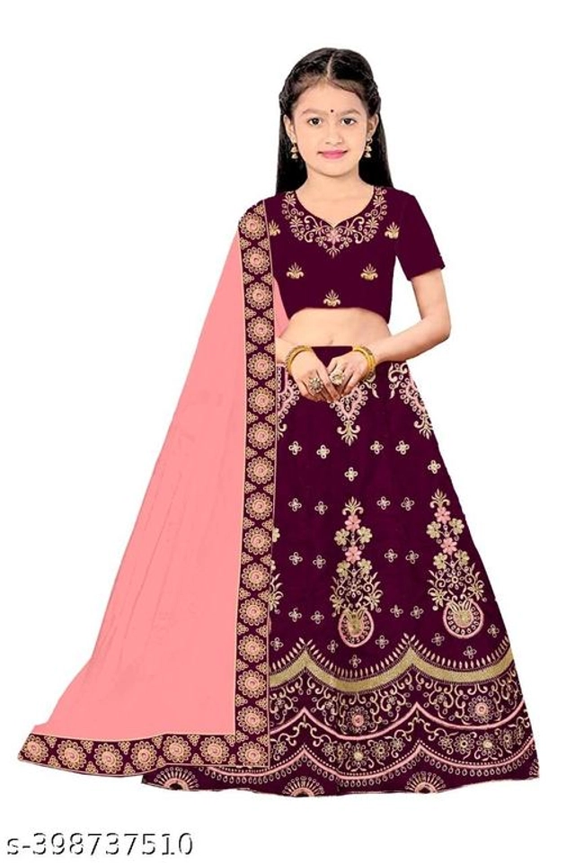 Satin Embroidered Lehenga with Choli & Dupatta for Girls (Purple & Pink, 2-3 Years)